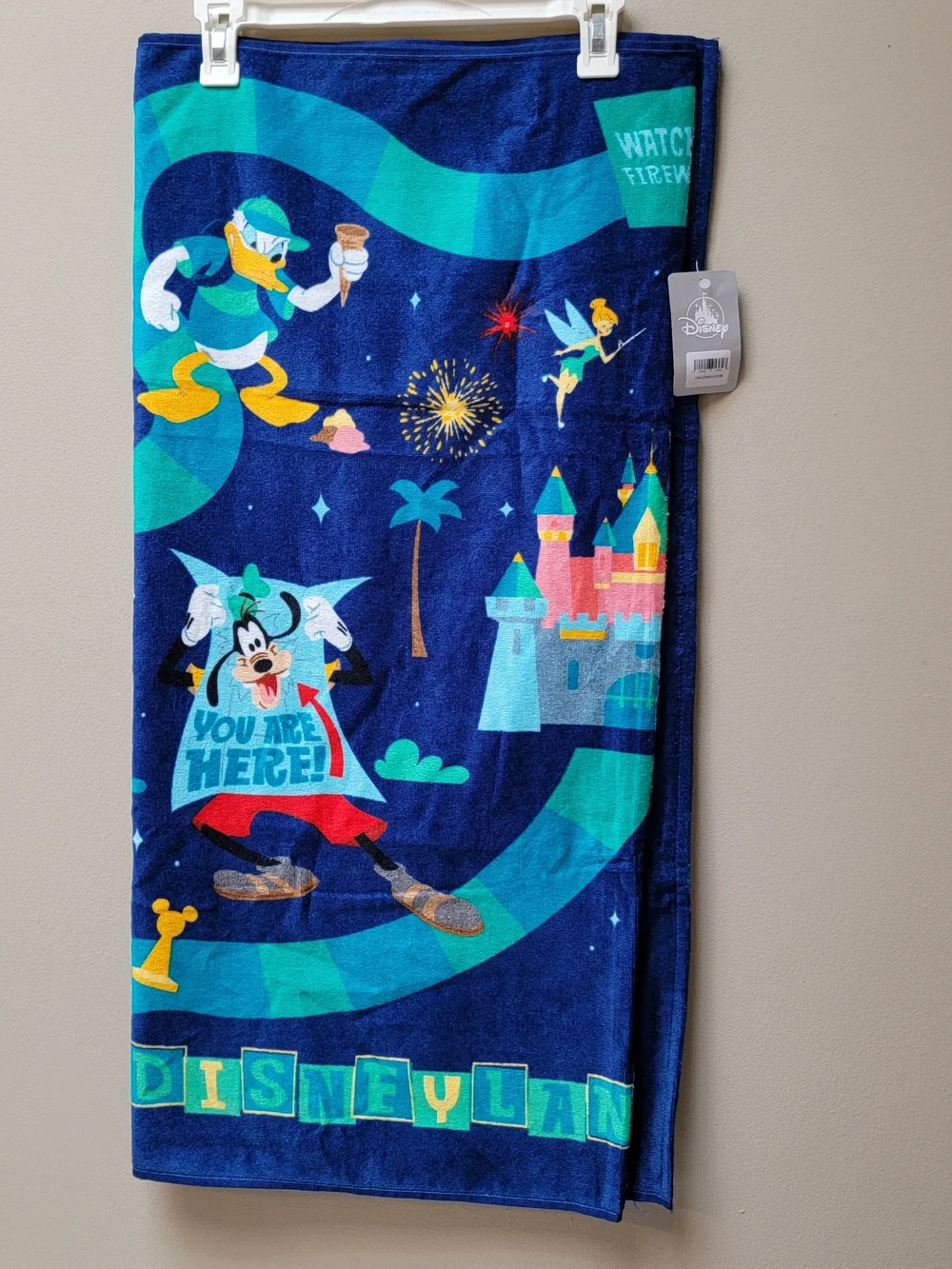 Disney Parks Beach Towel Navy Blue with Teal, Yellow & Pink Character Design